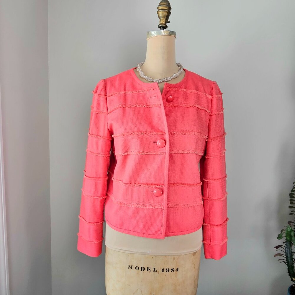 J.Crew Coral Fringe-Trim Cropped Jacket Size 10 Raw Edge Tiered Statement Blazer - Picture 1 of 13